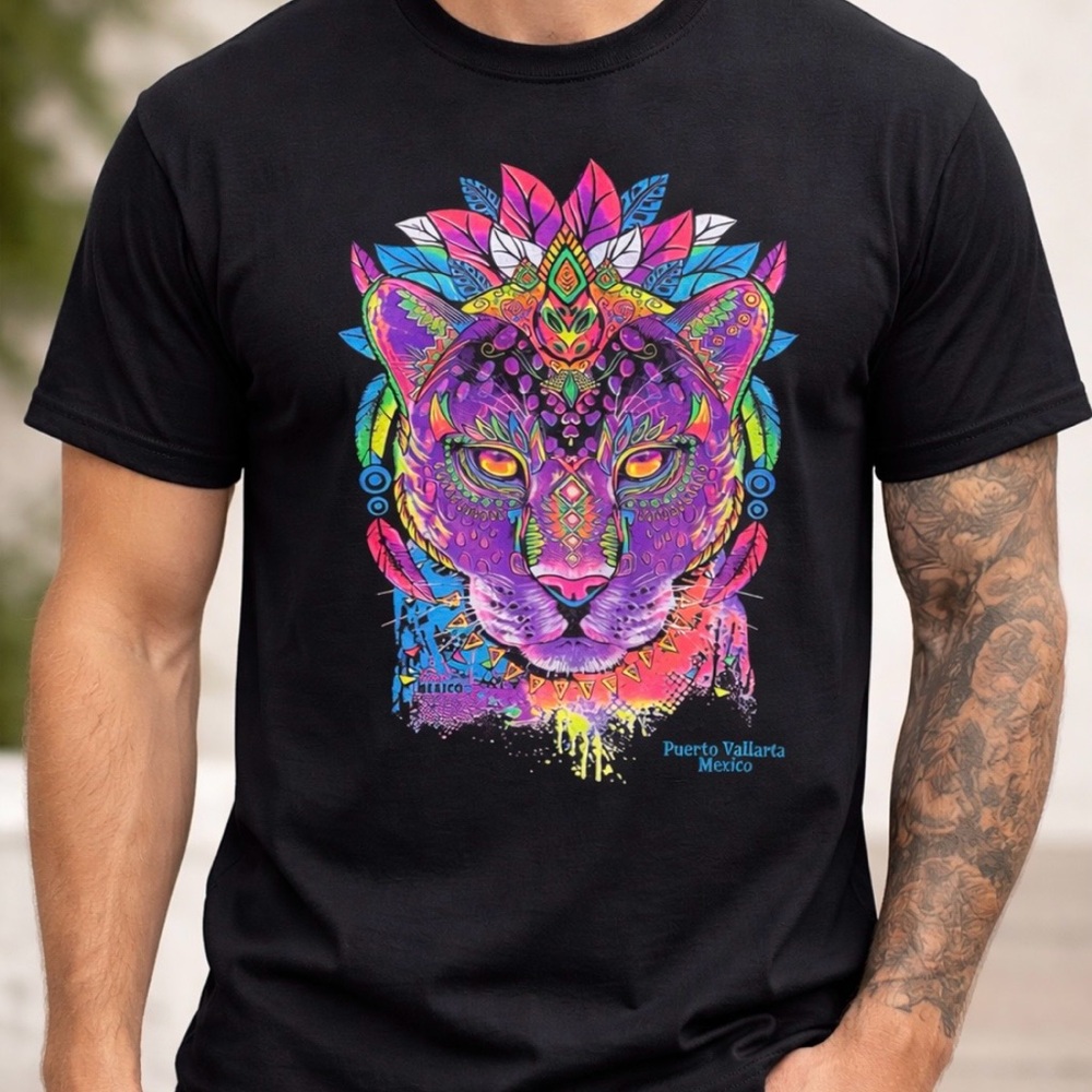 Men's Black Short-Sleeve Tee with Vibrant Jaguar Graphic M